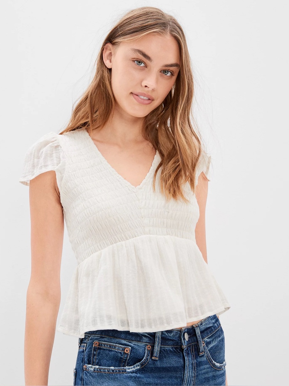 American Eagle Outfitters Cream Smocked V-Neck Smocked Babydoll Top Large